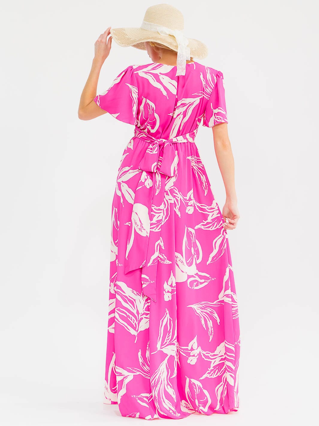 WOMEN'S SHORT SLEEVES SURPLICE ELASTIC WAIST LEAF PRINT MAXI DRESS