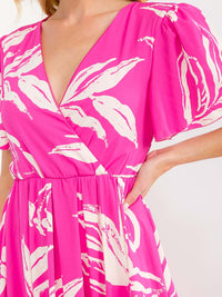 WOMEN'S SHORT SLEEVES SURPLICE ELASTIC WAIST LEAF PRINT MAXI DRESS