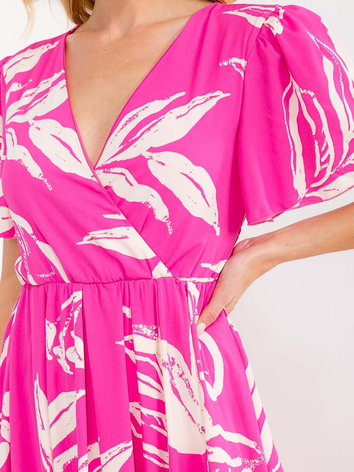 WOMEN'S SHORT SLEEVES SURPLICE ELASTIC WAIST LEAF PRINT MAXI DRESS