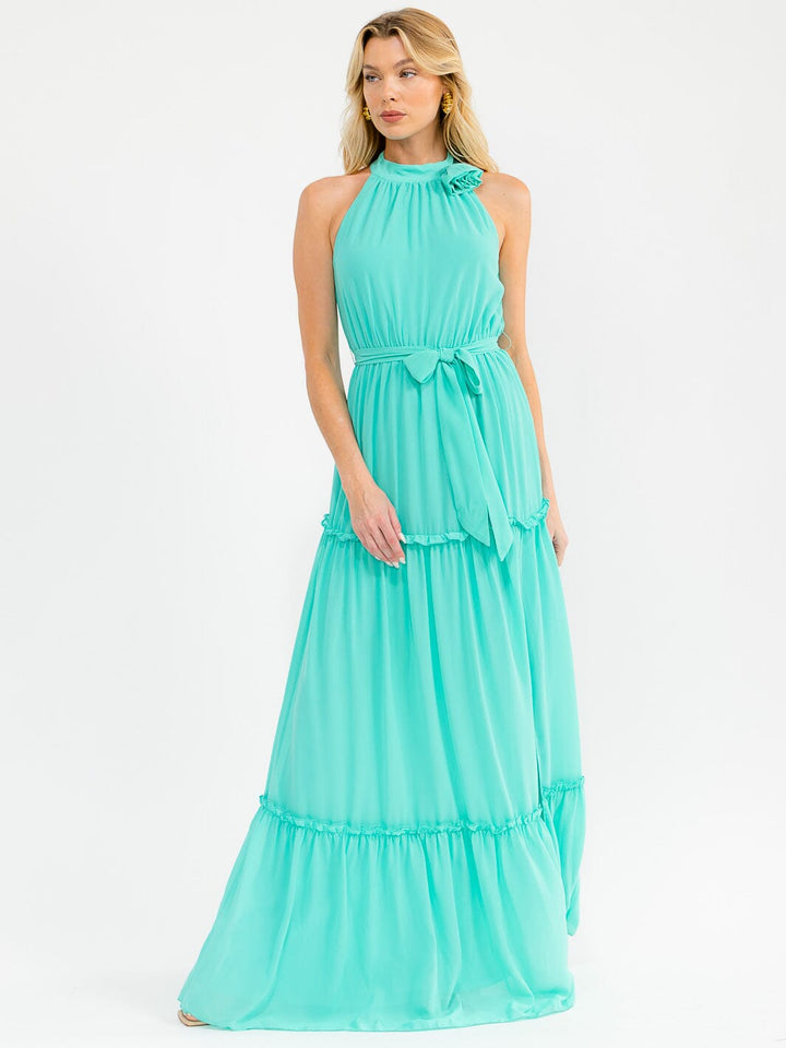 WOMEN'S SLEEVELESS HALTER NECK SIDE SLIT SELF TIE TIERED MAXI DRESS