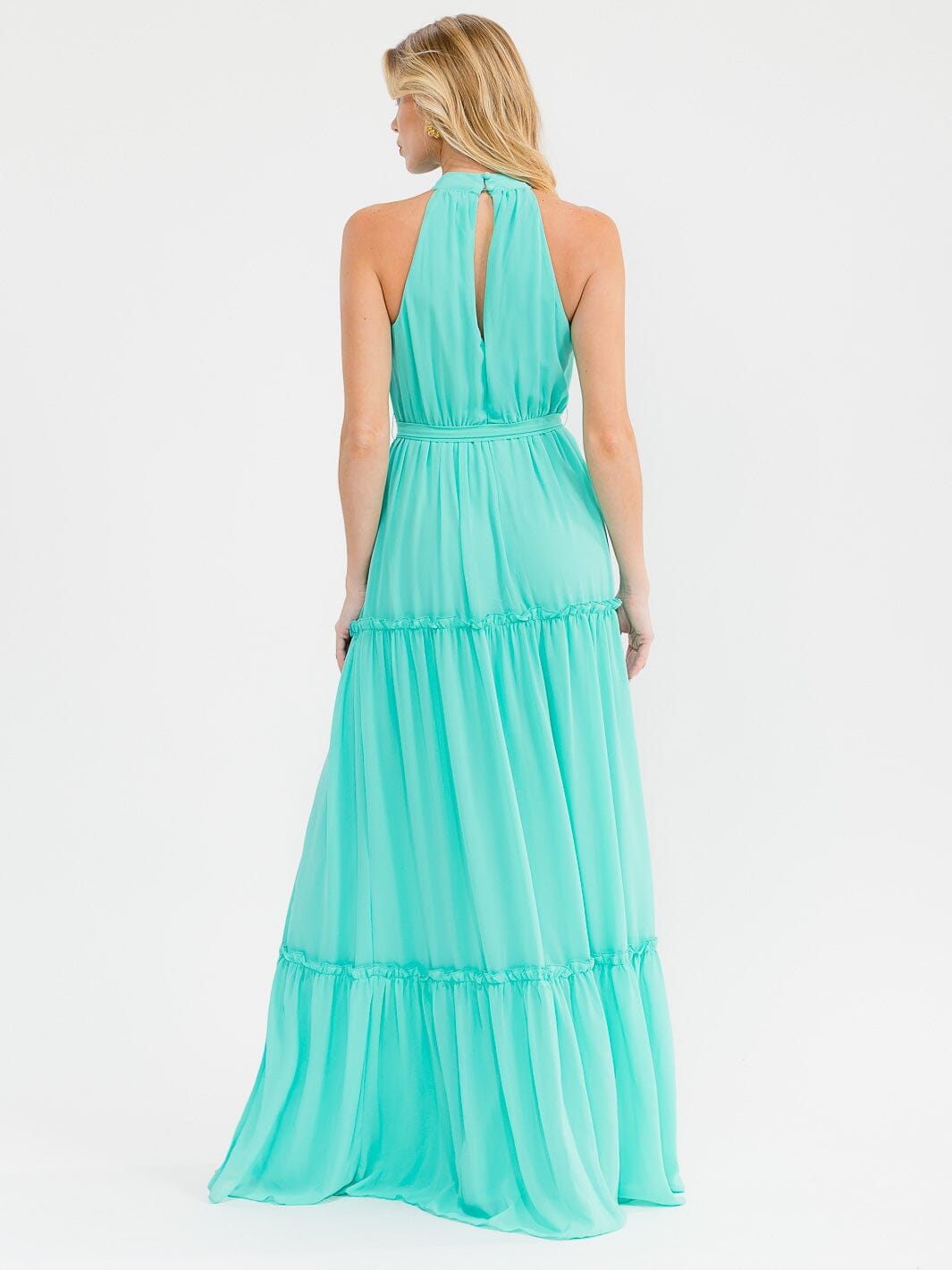 WOMEN'S SLEEVELESS HALTER NECK SIDE SLIT SELF TIE TIERED MAXI DRESS