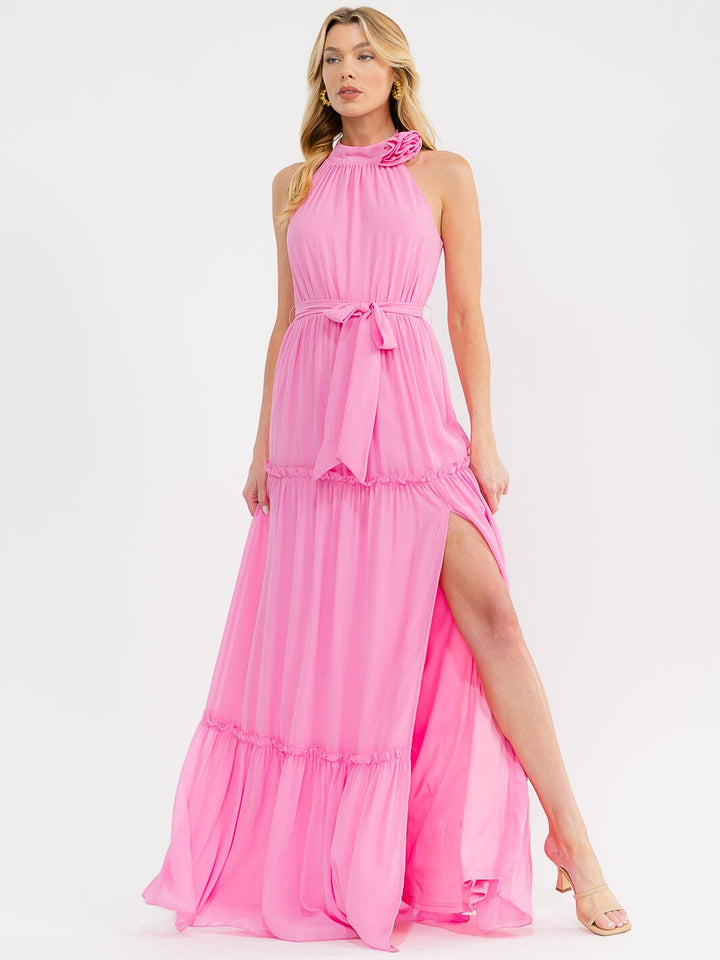 WOMEN'S SLEEVELESS HALTER NECK SIDE SLIT SELF TIE TIERED MAXI DRESS