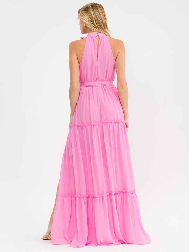 WOMEN'S SLEEVELESS HALTER NECK SIDE SLIT SELF TIE TIERED MAXI DRESS