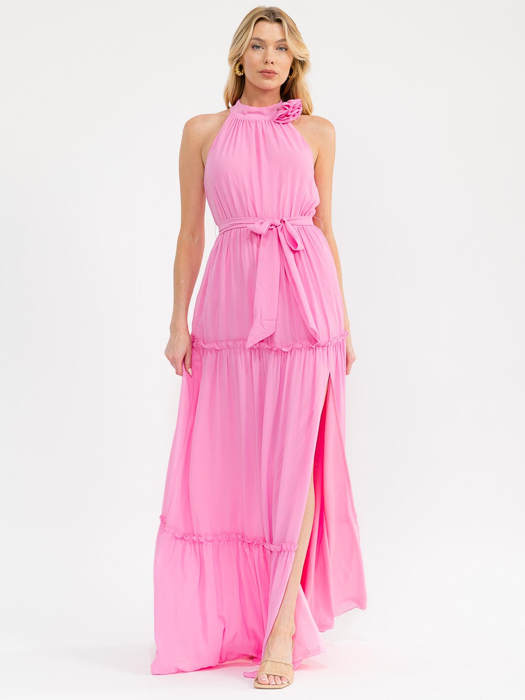 WOMEN'S SLEEVELESS HALTER NECK SIDE SLIT SELF TIE TIERED MAXI DRESS