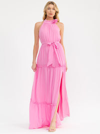 WOMEN'S SLEEVELESS HALTER NECK SIDE SLIT SELF TIE TIERED MAXI DRESS