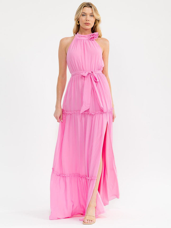 WOMEN'S SLEEVELESS HALTER NECK SIDE SLIT SELF TIE TIERED MAXI DRESS