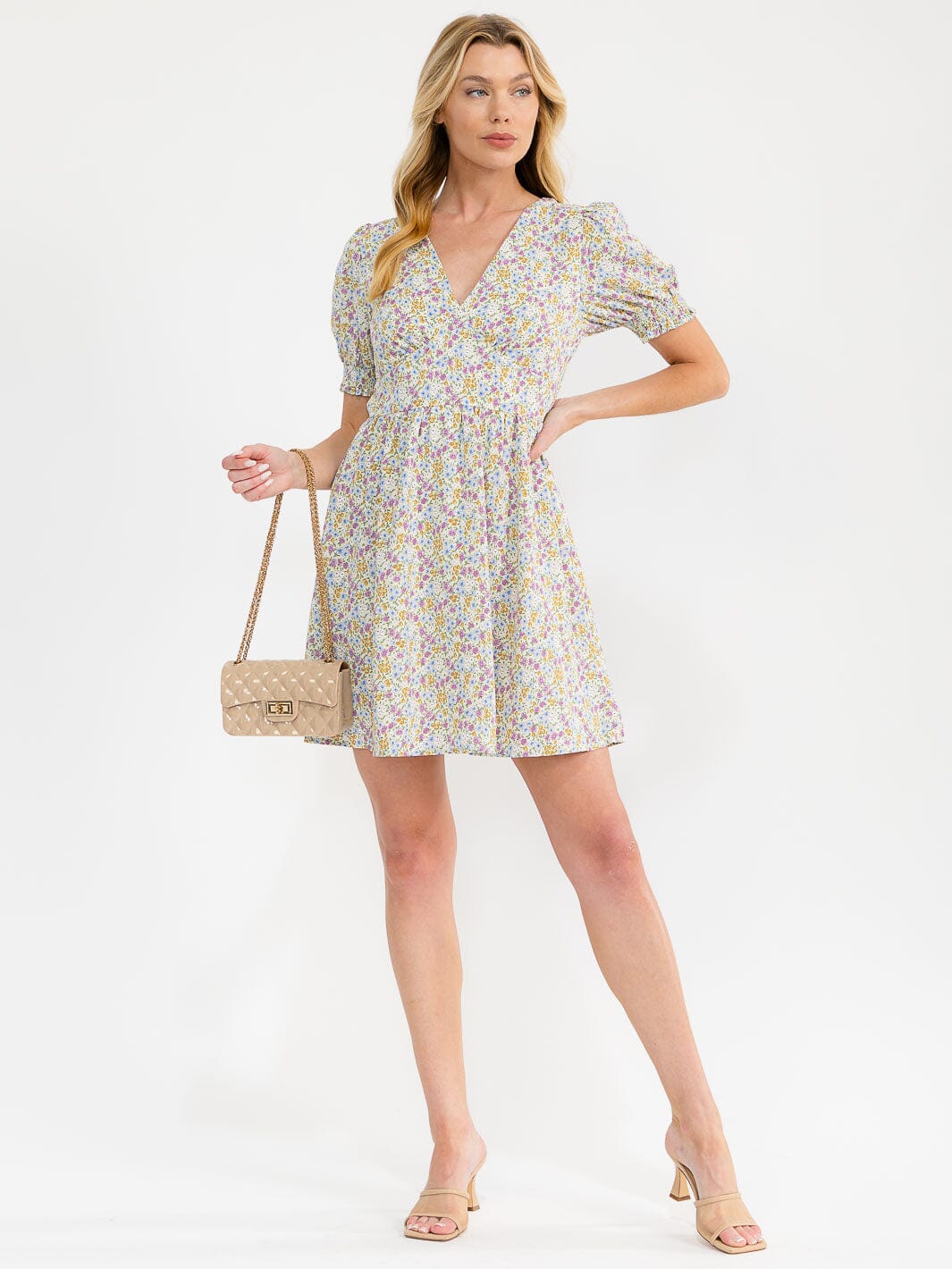 WOMEN'S SHORT PUFF SLEEVE V-NECK FLORAL MINI DRESS