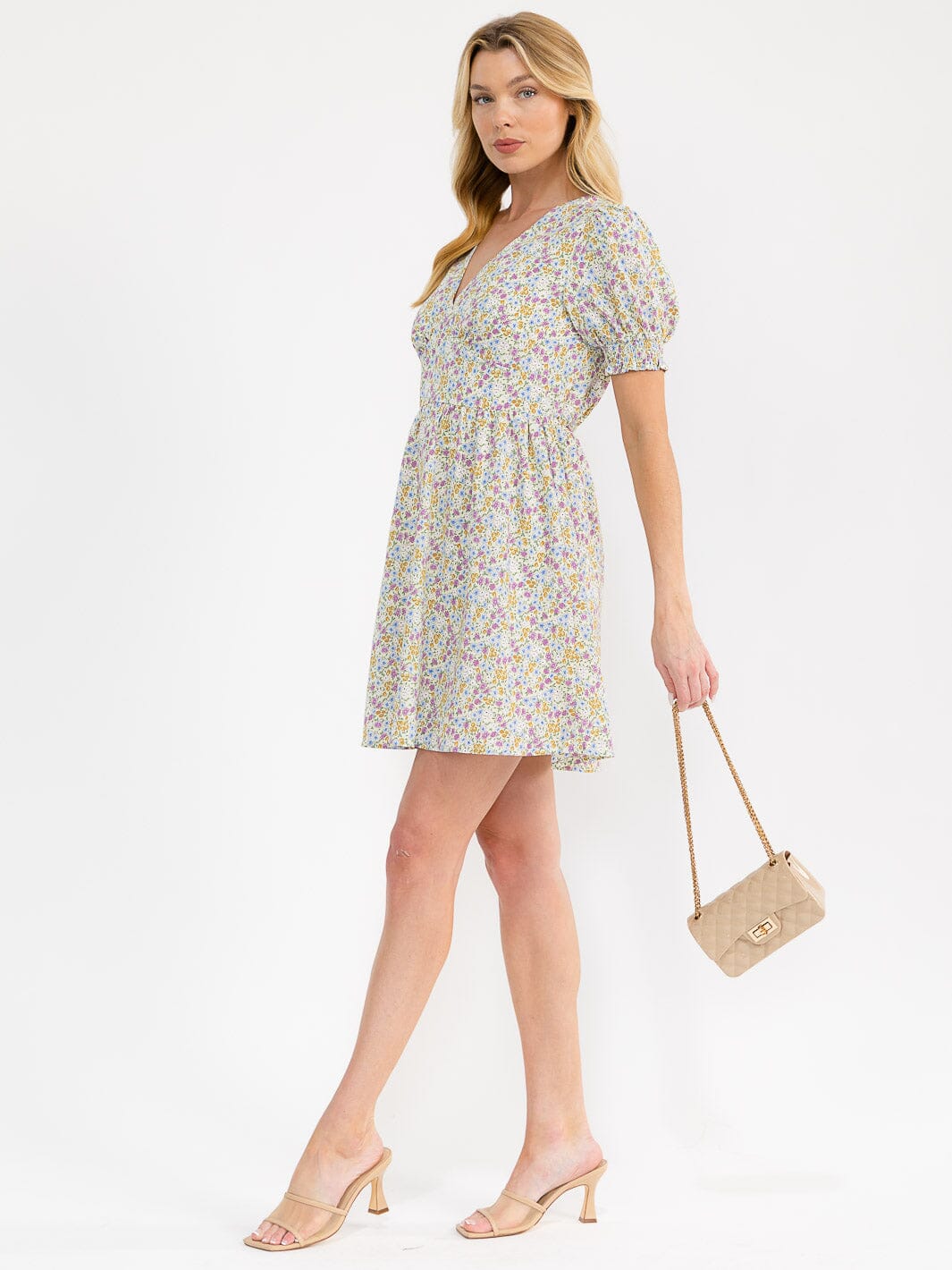 WOMEN'S SHORT PUFF SLEEVE V-NECK FLORAL MINI DRESS