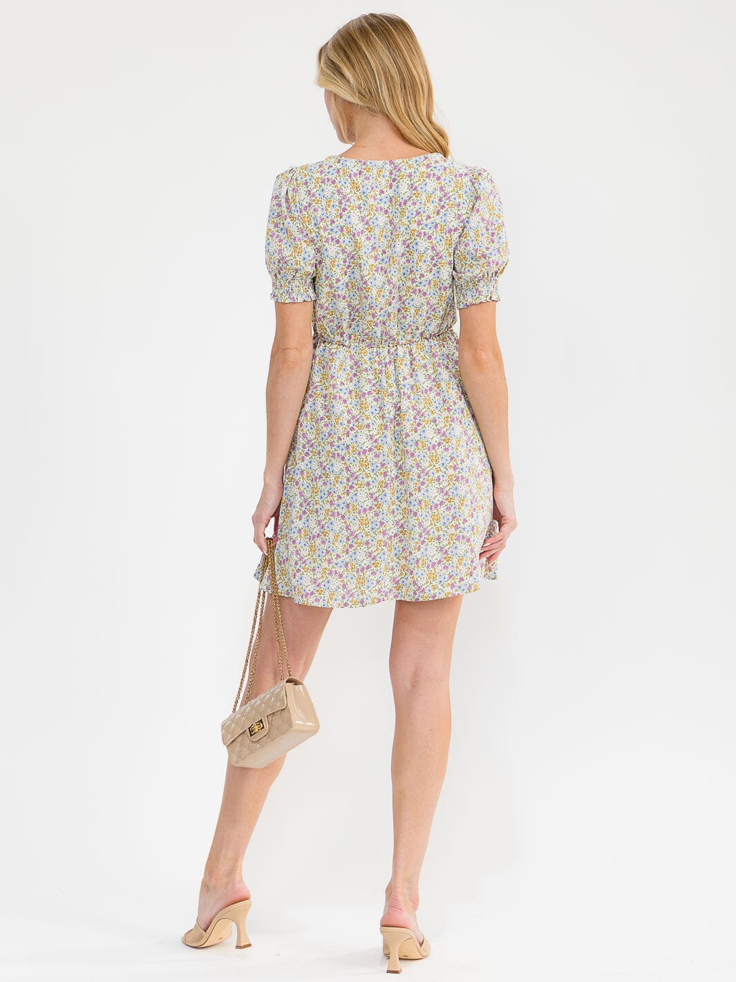 WOMEN'S SHORT PUFF SLEEVE V-NECK FLORAL MINI DRESS