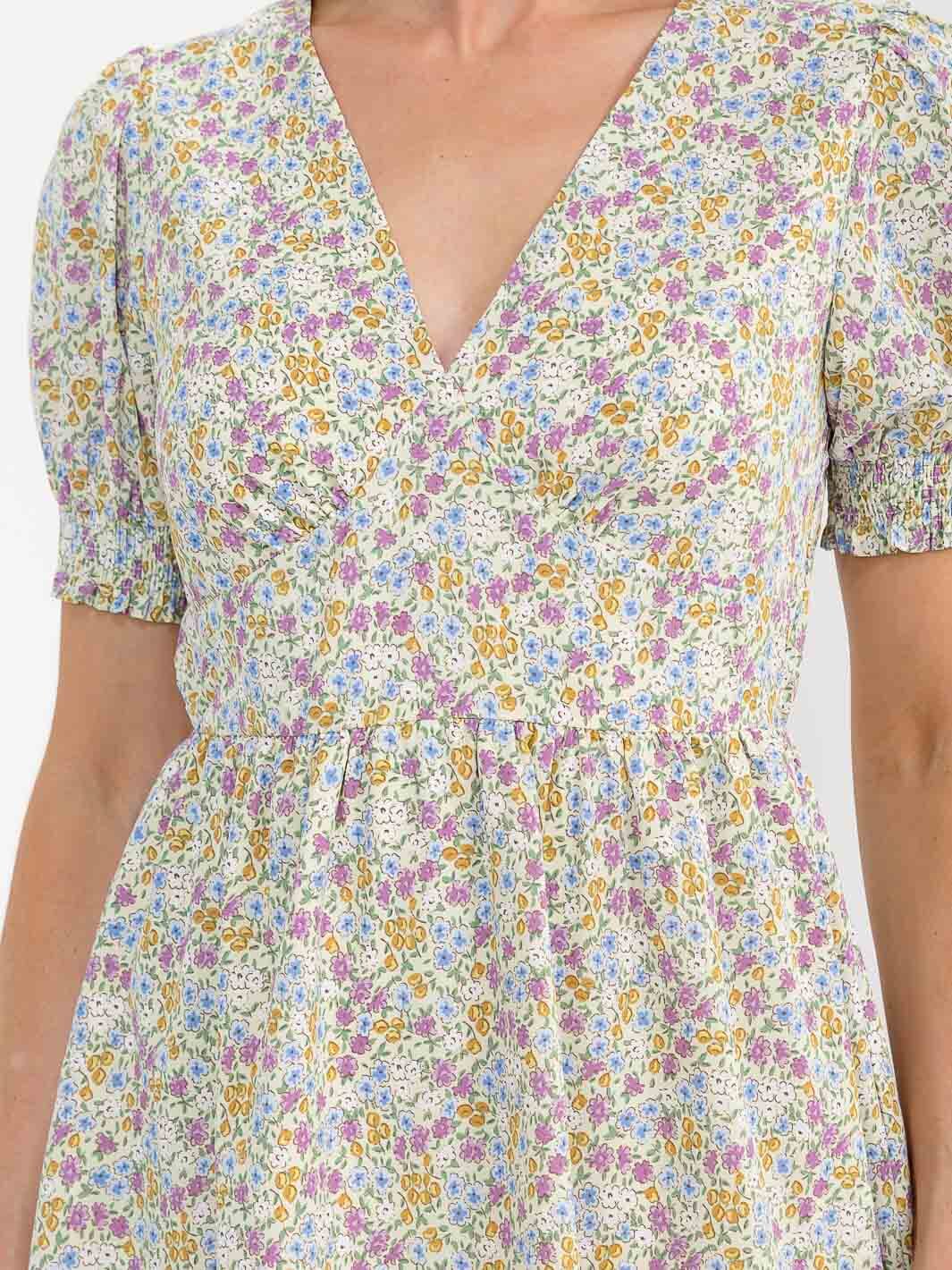 WOMEN'S SHORT PUFF SLEEVE V-NECK FLORAL MINI DRESS