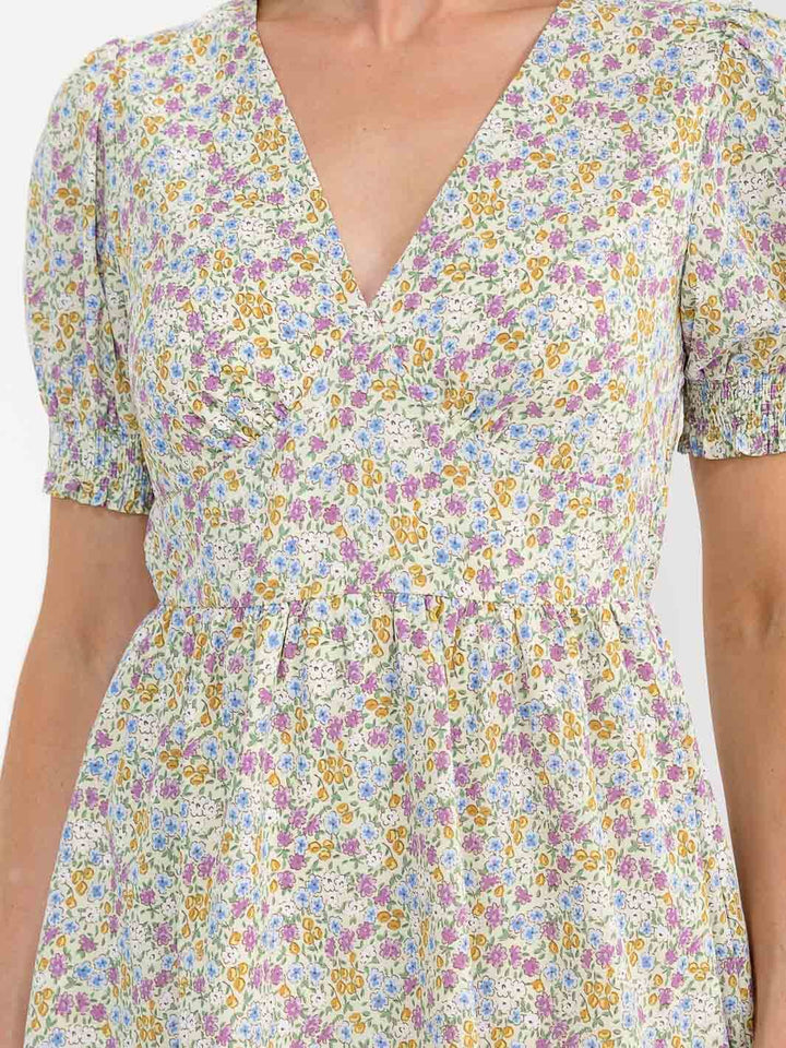 WOMEN'S SHORT PUFF SLEEVE V-NECK FLORAL MINI DRESS