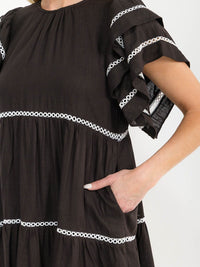 WOMEN'S SHORT RUFFLE SLEEVE FRONT POCKETS TUNIC EYELET TRIM LINEN MINI DRESS