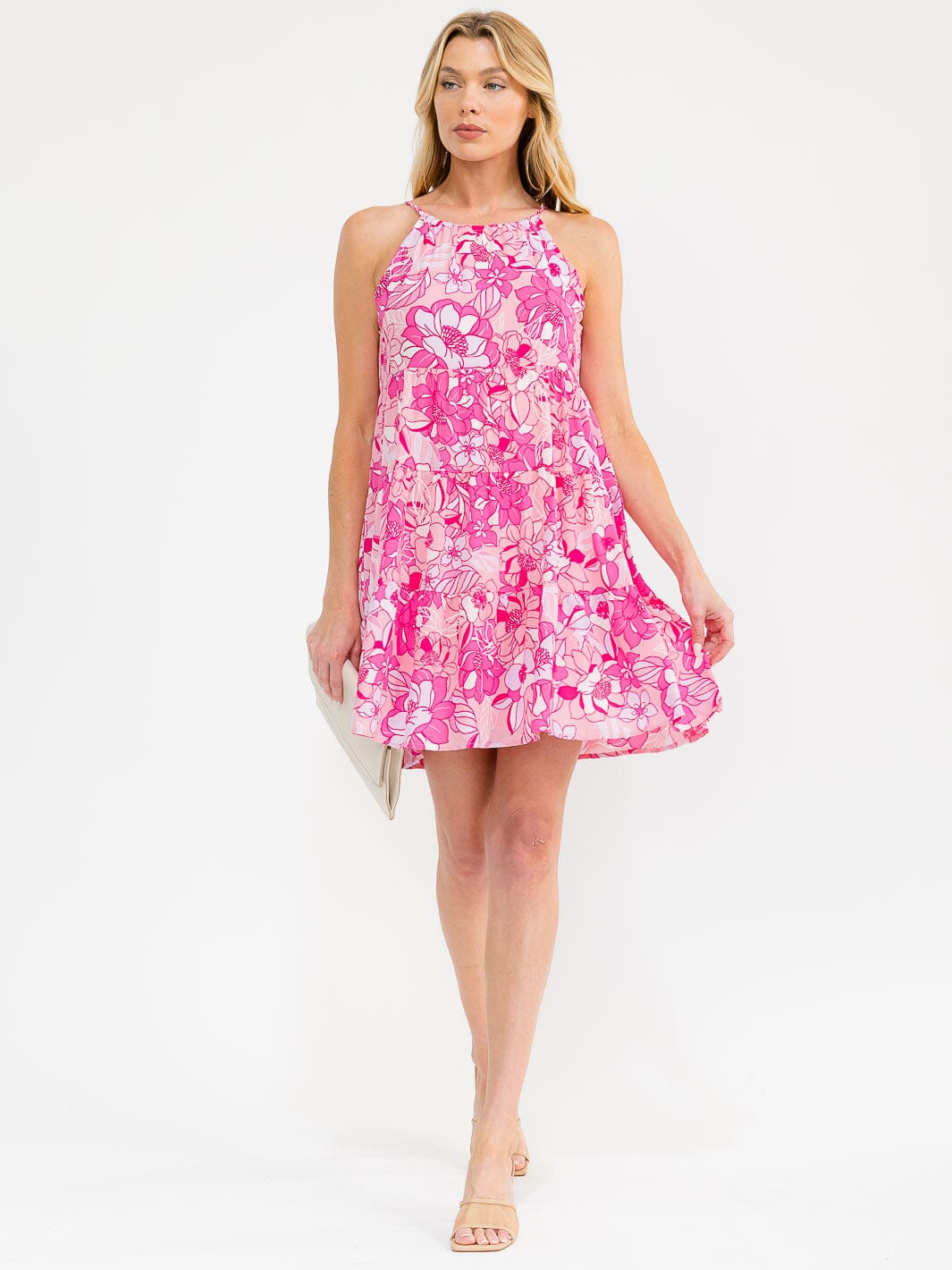 WOMEN'S SLEEVELESS HALTER NECK FLORAL TUNIC MINI DRESS