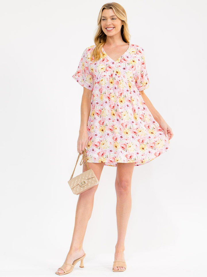 WOMEN'S SHORT SLEEVE V-NECK FLORAL TUNIC MINI DRESS