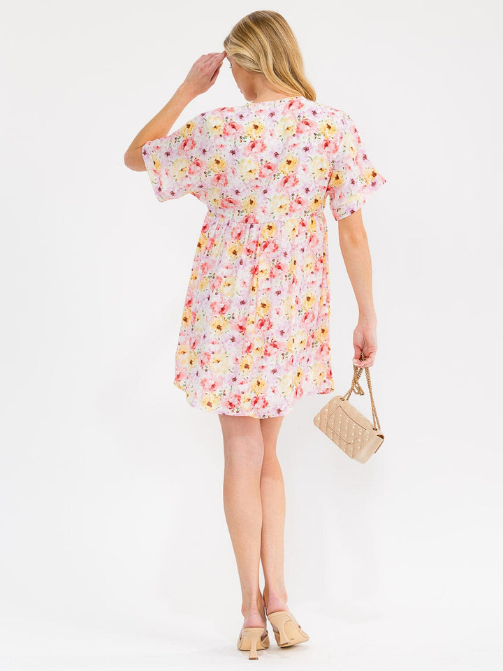WOMEN'S SHORT SLEEVE V-NECK FLORAL TUNIC MINI DRESS