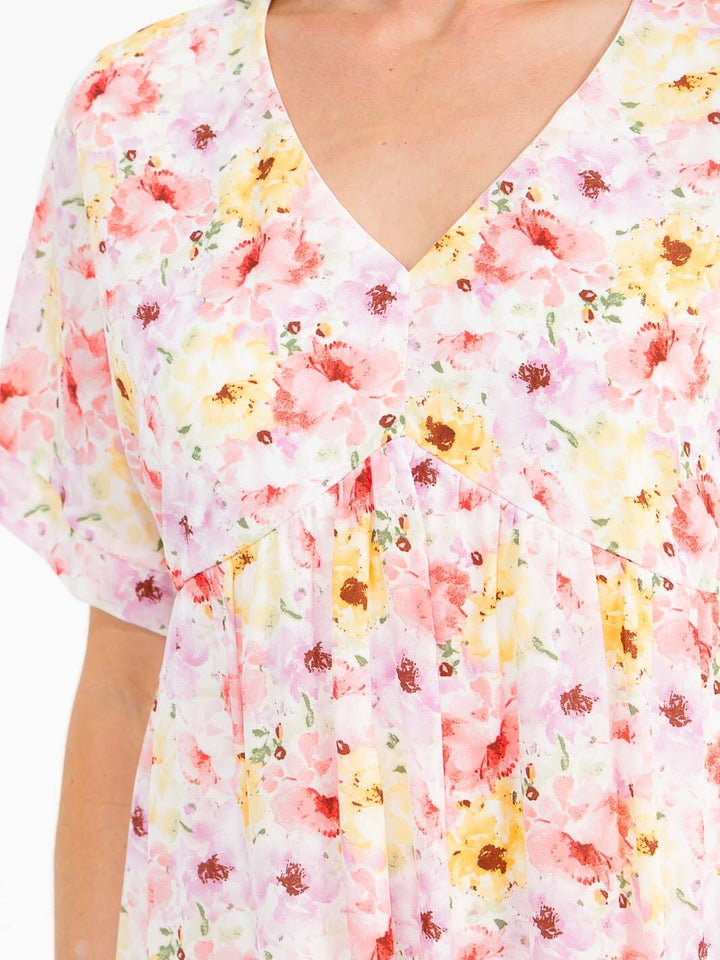 WOMEN'S SHORT SLEEVE V-NECK FLORAL TUNIC MINI DRESS