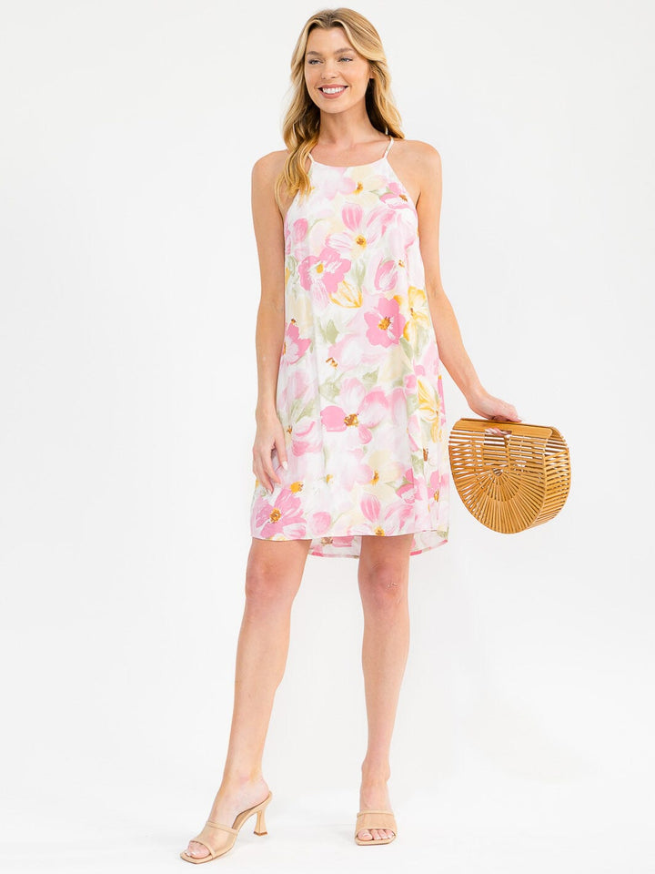 WOMEN'S SLEEVELESS HALTER NECK FLORAL TUNIC MINI DRESS