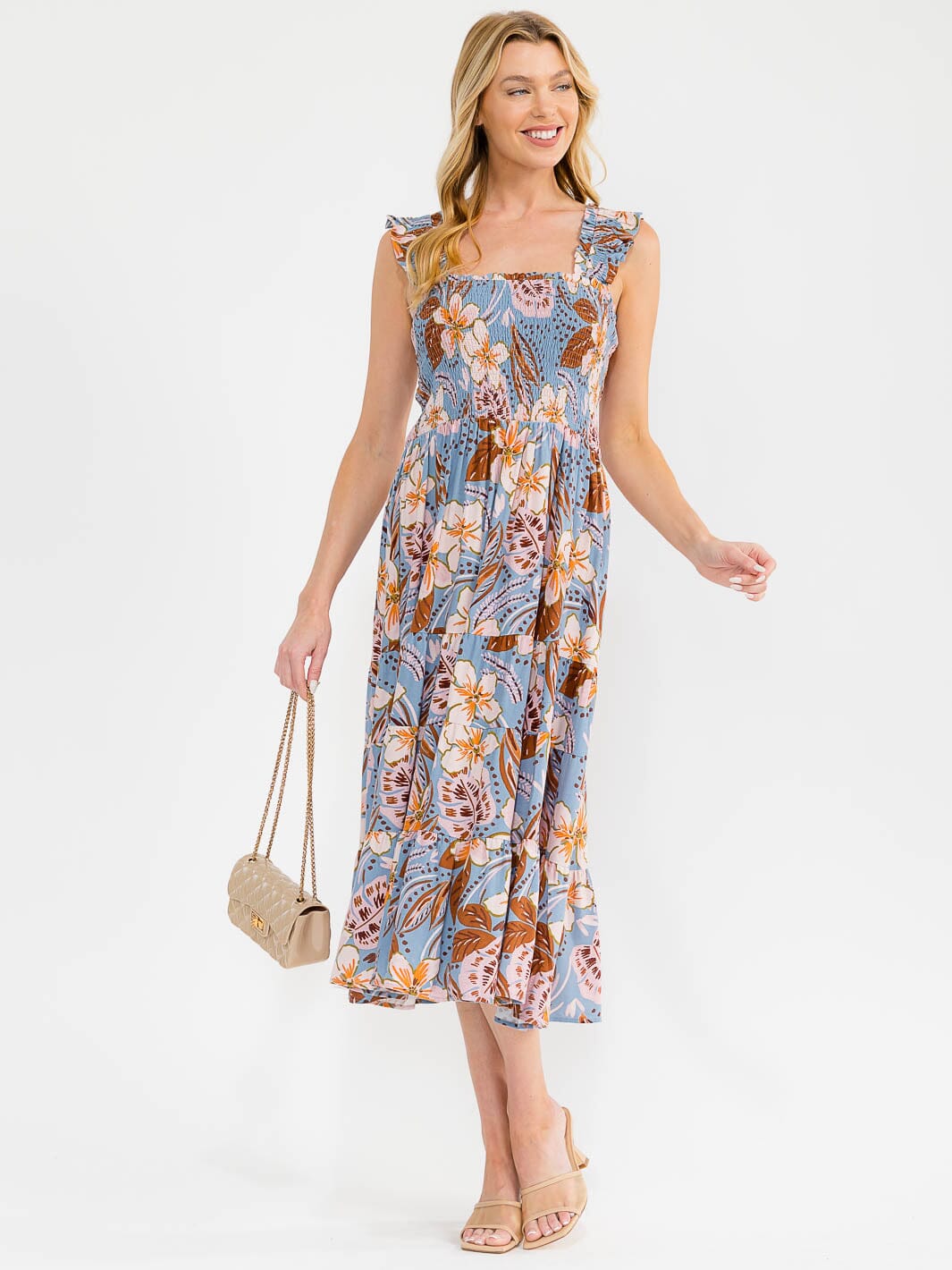 WOMEN'S SLEEVELESS SQUARE NECK SMOCK FLORAL PRINT MAXI DRESS