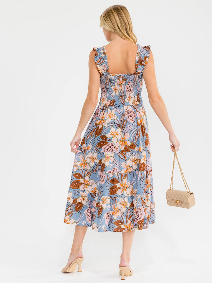 WOMEN'S SLEEVELESS SQUARE NECK SMOCK FLORAL PRINT MAXI DRESS