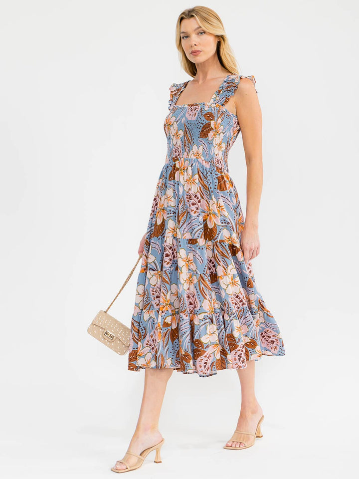 WOMEN'S SLEEVELESS SQUARE NECK SMOCK FLORAL PRINT MAXI DRESS