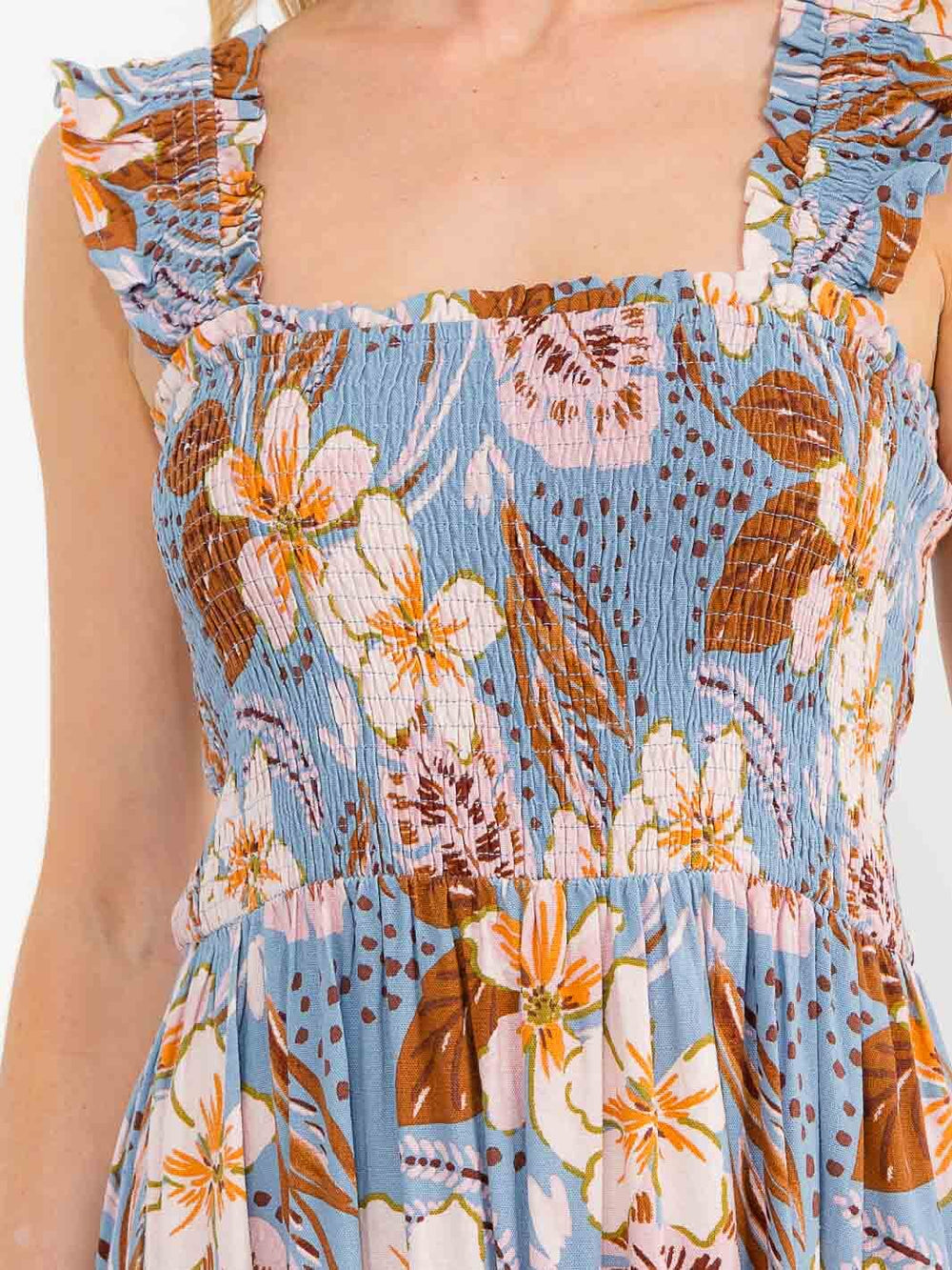 WOMEN'S SLEEVELESS SQUARE NECK SMOCK FLORAL PRINT MAXI DRESS