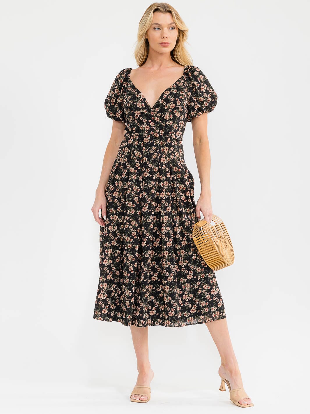 WOMEN'S SHORT PUFF SLEEVE SURPLICE SMOCK SELF TIE FLORAL PRINT MAXI DRESS