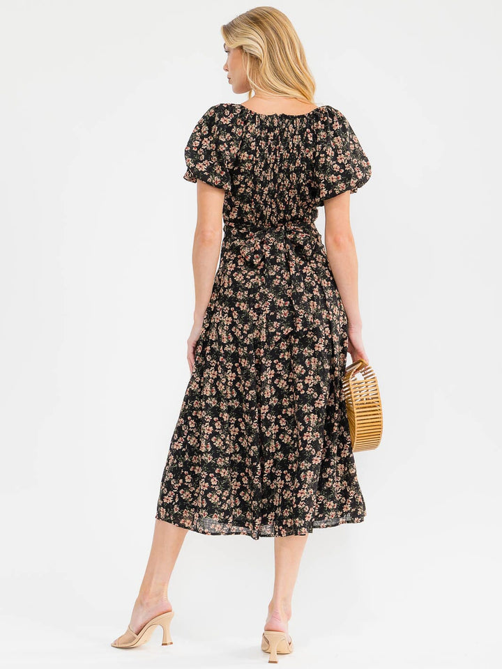 WOMEN'S SHORT PUFF SLEEVE SURPLICE SMOCK SELF TIE FLORAL PRINT MAXI DRESS