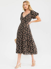 WOMEN'S SHORT PUFF SLEEVE SURPLICE SMOCK SELF TIE FLORAL PRINT MAXI DRESS