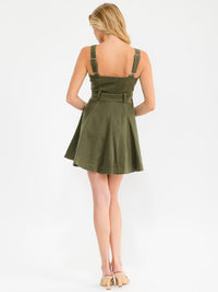 WOMEN'S SLEEVELESS BUTTON CLOSURE SELF TIE FRONT POCKETS MINI DRESS