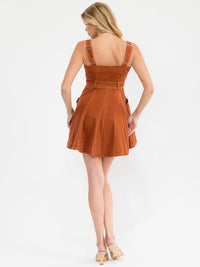 WOMEN'S SLEEVELESS BUTTON CLOSURE SELF TIE FRONT POCKETS MINI DRESS