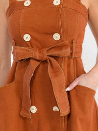 WOMEN'S SLEEVELESS BUTTON CLOSURE SELF TIE FRONT POCKETS MINI DRESS