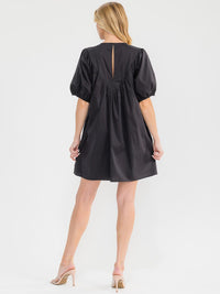 WOMEN'S SHORT PUFF SLEEVE FRONT POCKETS EMBROIDERY DETAILED TUNIC MINI DRESS