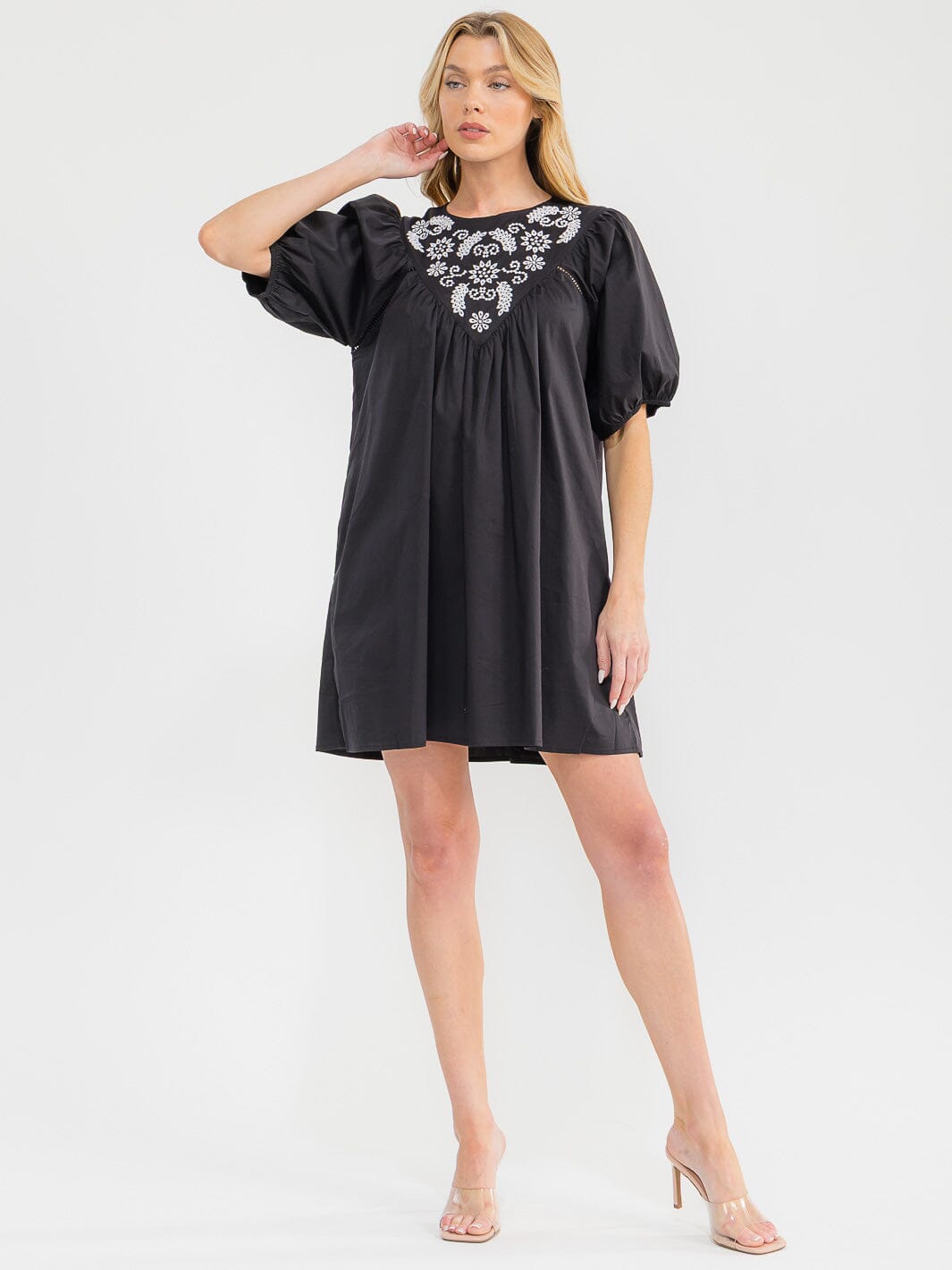 WOMEN'S SHORT PUFF SLEEVE FRONT POCKETS EMBROIDERY DETAILED TUNIC MINI DRESS