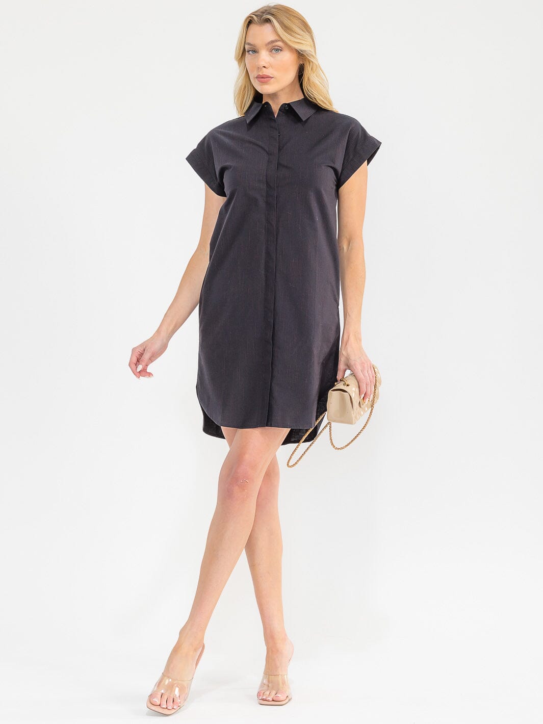 WOMEN'S SHORT SLEEVE OBUTTON UP FRONT POCKETS STRIPES TUNIC MINI DRESS