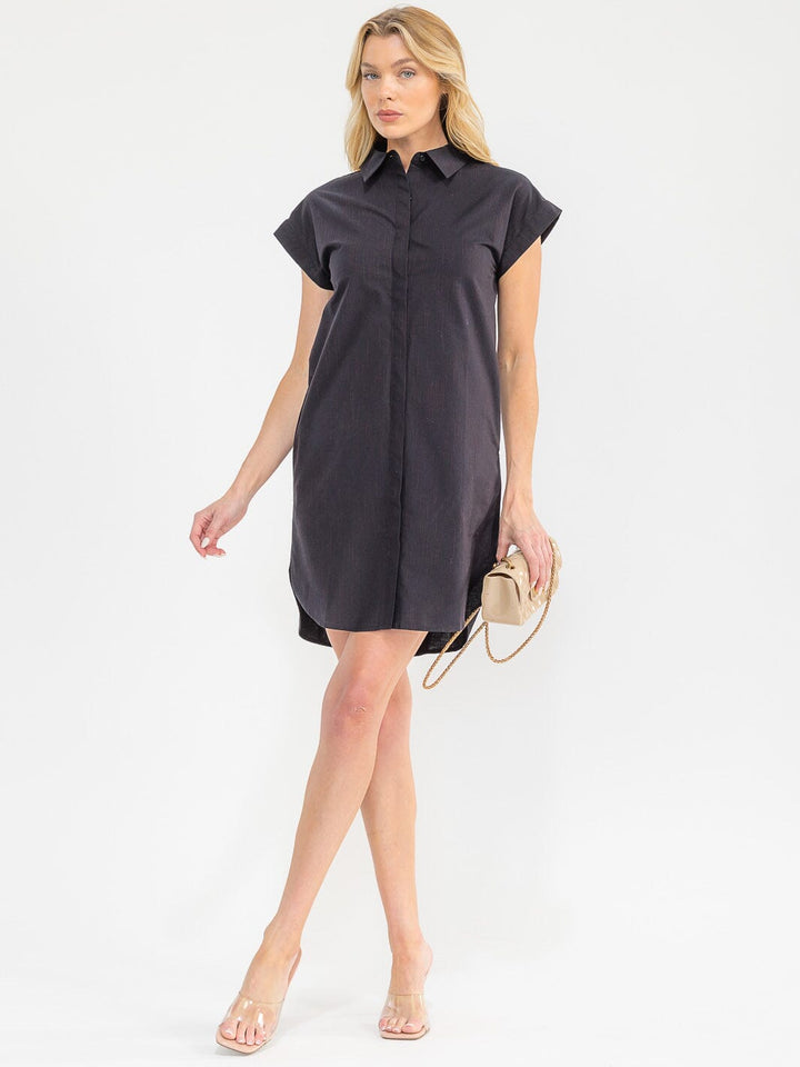 WOMEN'S SHORT SLEEVE OBUTTON UP FRONT POCKETS STRIPES TUNIC MINI DRESS