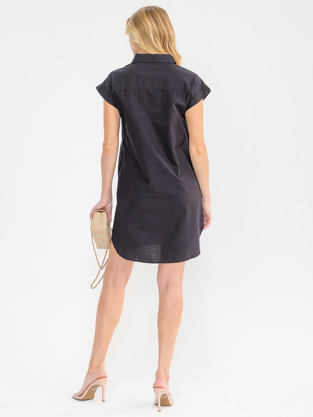 WOMEN'S SHORT SLEEVE OBUTTON UP FRONT POCKETS STRIPES TUNIC MINI DRESS