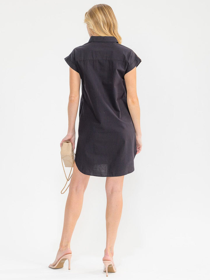 WOMEN'S SHORT SLEEVE OBUTTON UP FRONT POCKETS STRIPES TUNIC MINI DRESS