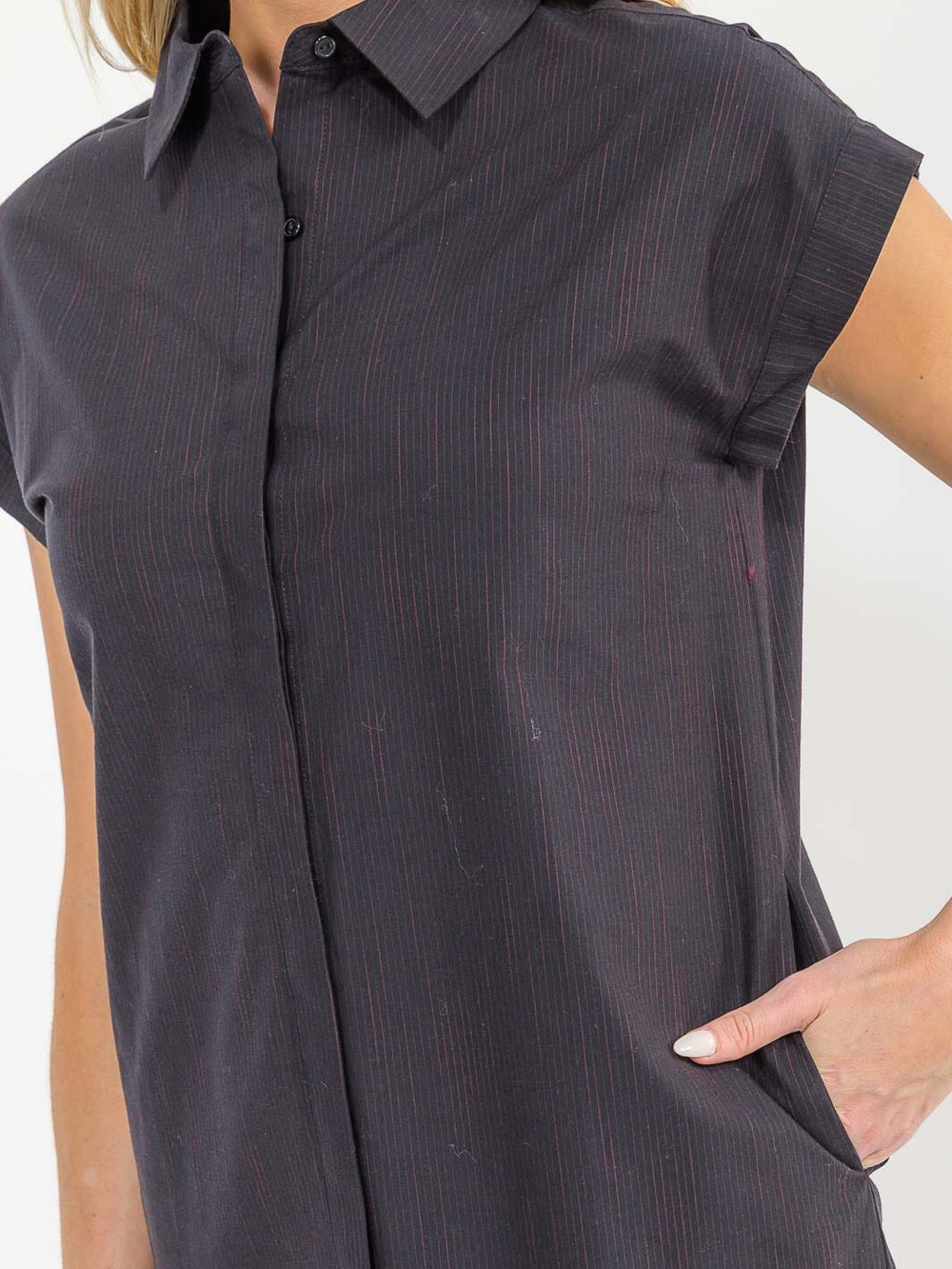 WOMEN'S SHORT SLEEVE OBUTTON UP FRONT POCKETS STRIPES TUNIC MINI DRESS