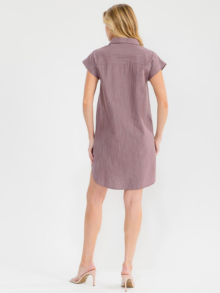 WOMEN'S SHORT SLEEVE OBUTTON UP FRONT POCKETS STRIPES TUNIC MINI DRESS