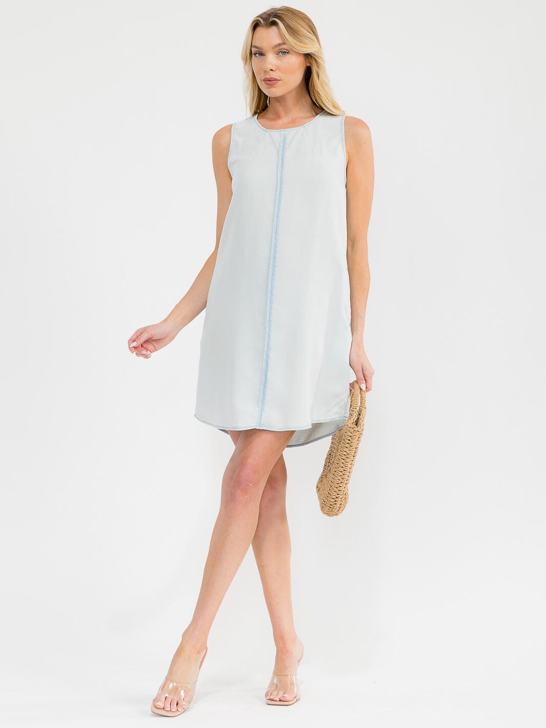 WOMEN'S SLEEVELESS FRONT POCKETS TUNIC CHAMBRAY MINI DRESS