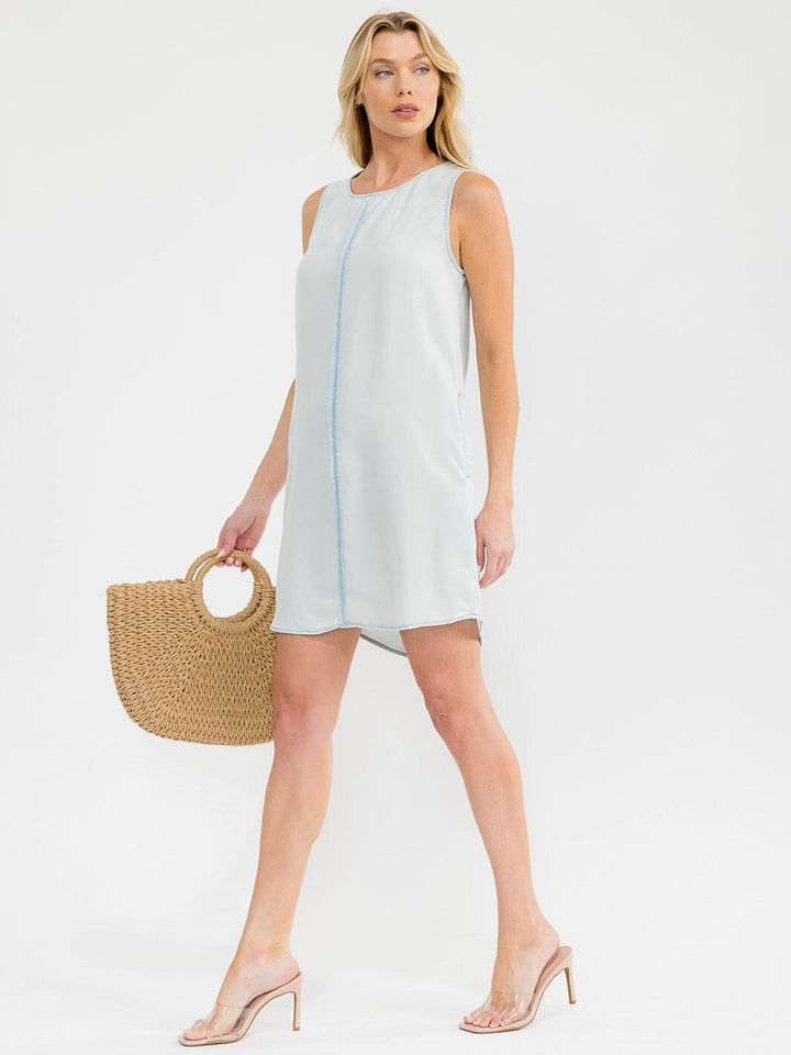 WOMEN'S SLEEVELESS FRONT POCKETS TUNIC CHAMBRAY MINI DRESS