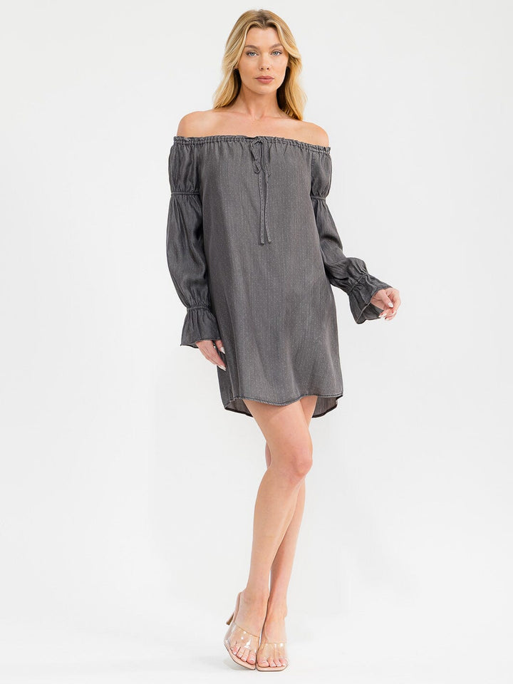 WOMEN'S LONG SLEEVE OFF SHOULDER TUNIC CHAMBRAY MINI DRESS