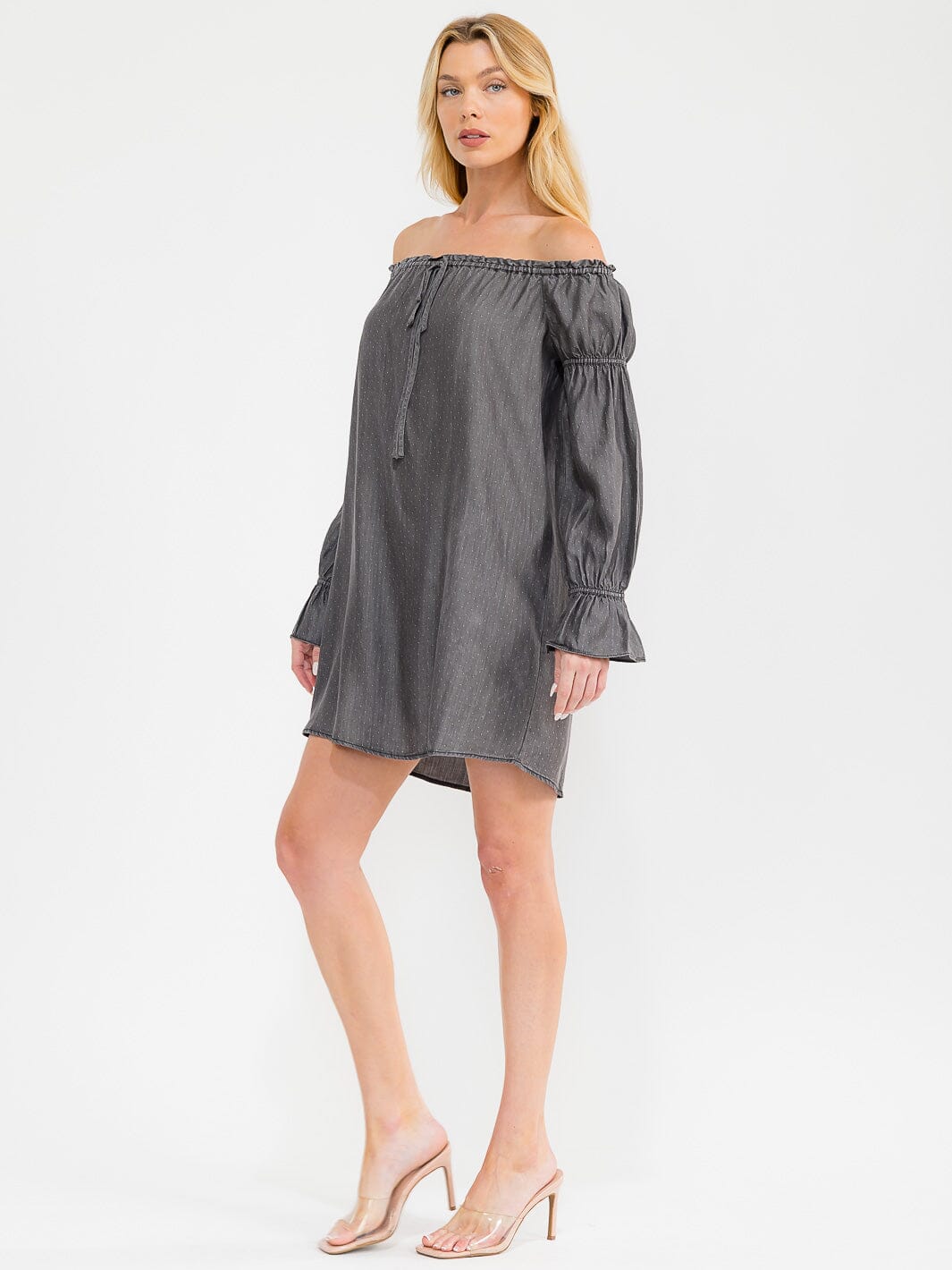 WOMEN'S LONG SLEEVE OFF SHOULDER TUNIC CHAMBRAY MINI DRESS
