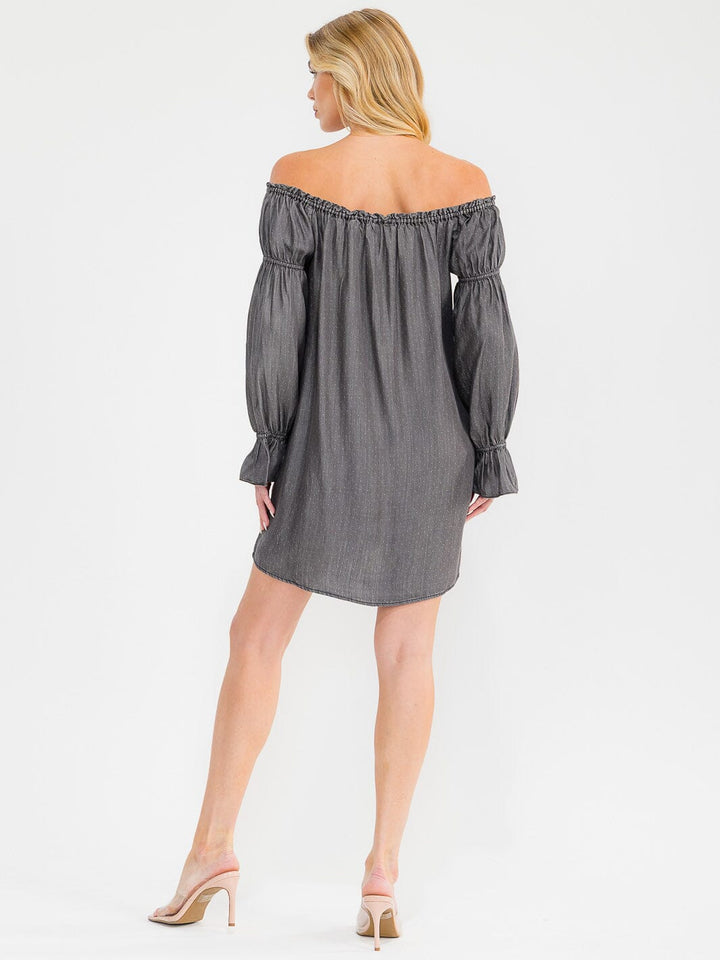 WOMEN'S LONG SLEEVE OFF SHOULDER TUNIC CHAMBRAY MINI DRESS