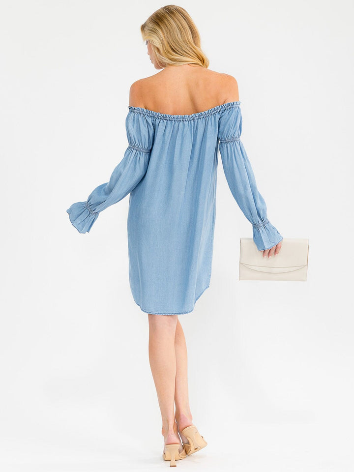 WOMEN'S LONG SLEEVE OFF SHOULDER TUNIC CHAMBRAY MINI DRESS