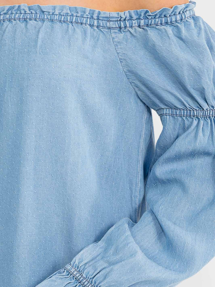 WOMEN'S LONG SLEEVE OFF SHOULDER TUNIC CHAMBRAY MINI DRESS
