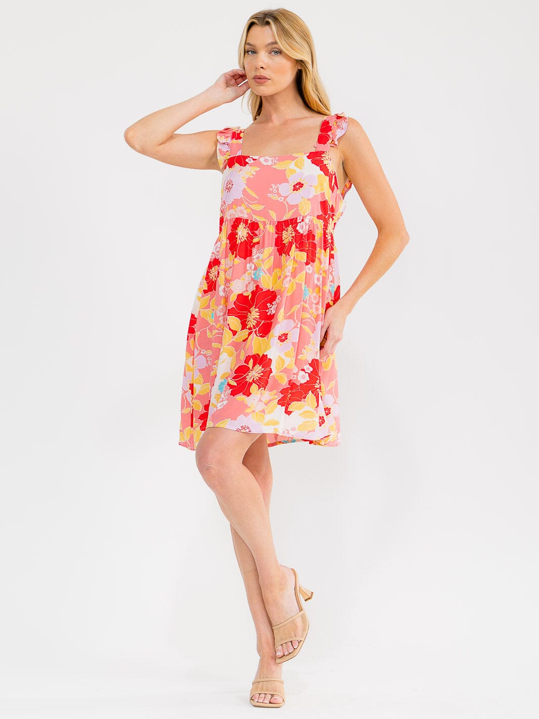 WOMEN'S SLEEVELESS SQUARE NECK FLORAL TUNIC MINI DRESS