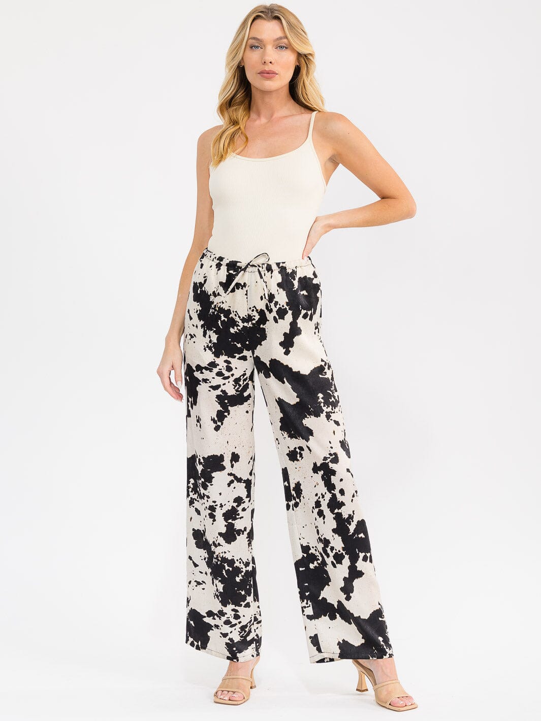 WOMEN'S ELASTIC WAIST FRONT POCKETS ANIMAL PRINT WIDE LEG LINEN PANTS