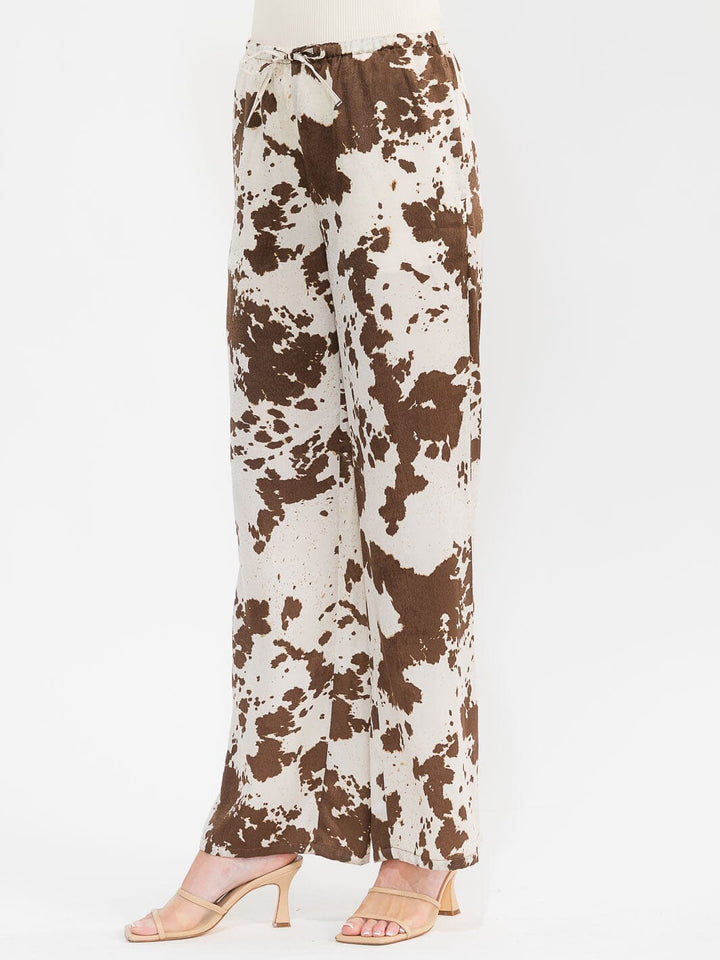 WOMEN'S ELASTIC WAIST FRONT POCKETS ANIMAL PRINT WIDE LEG LINEN PANTS