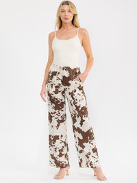 WOMEN'S ELASTIC WAIST FRONT POCKETS ANIMAL PRINT WIDE LEG LINEN PANTS